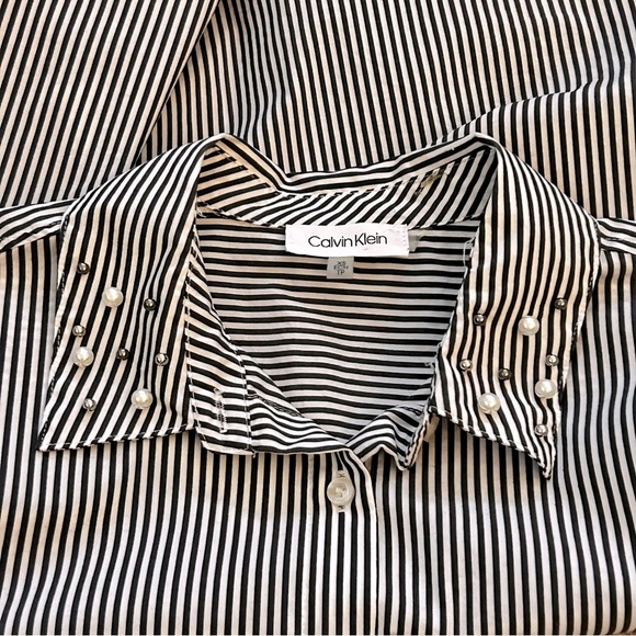 Calvin Klein Black and White Striped Long Sleeve Button Down Shirt - Picture 6 of 9